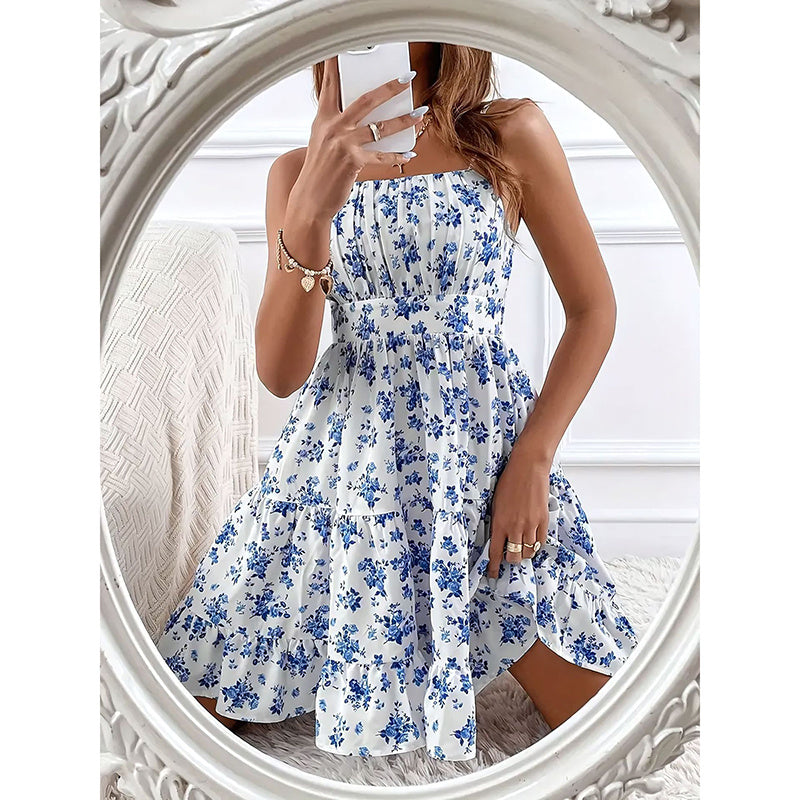 Womens Summer Floral Print Smocked Mini Dress Sleeveless Spaghetti Strap Slim Fit Flowy Dresses