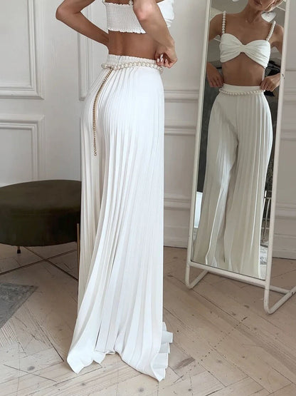 White Pleated Vest Cardigan Three-piece Wide-leg Pants Suit