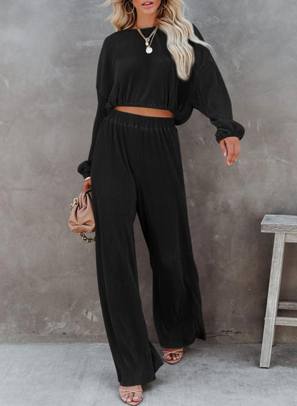 Women's Round-neck Long Sleeve Short Top And Wide Leg Pants Suit