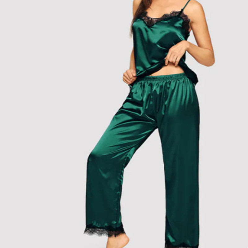Amazon Pajamas Simulation Silk Summer Long Pajamas Two-Piece Suit