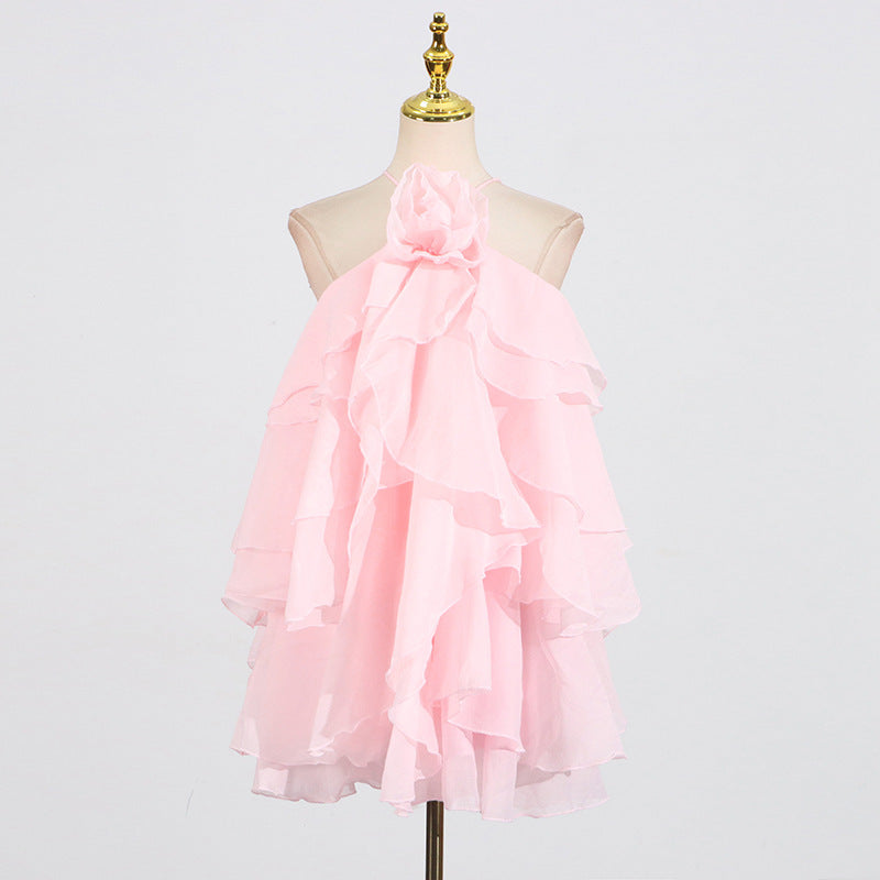 Halter Three-dimensional Flower Design Lace-up Sleeveless Dress