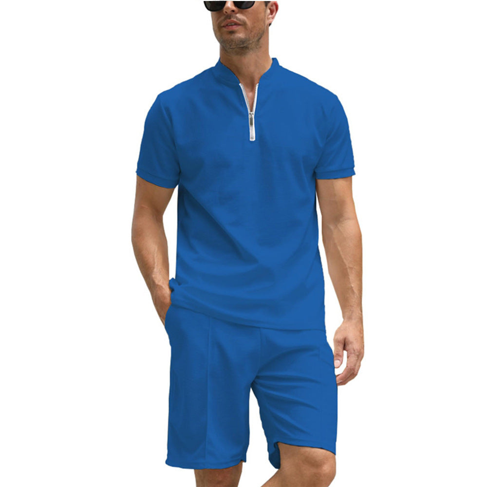 3D Simple POLO Men's Zip-up Shirt Short Sleeve Crew Neck Casual Shorts Suit
