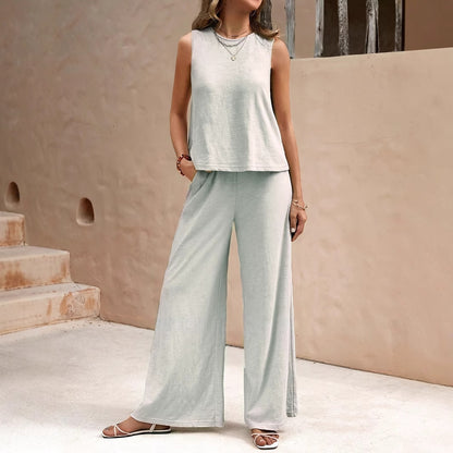 Women's Solid Color Vest Top And Casual Wide Leg Pants Two-piece Set