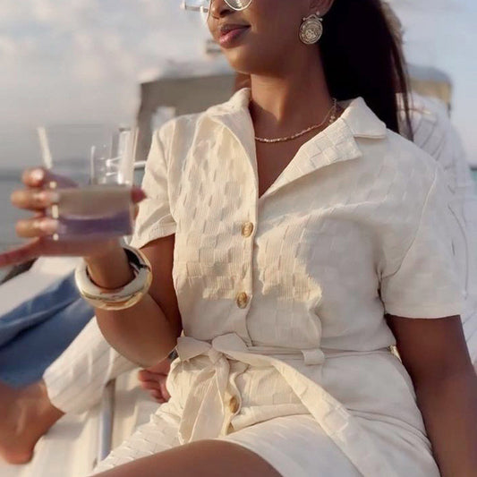 Lapel Temperament Belt Summer Short-sleeved Jumpsuit Women