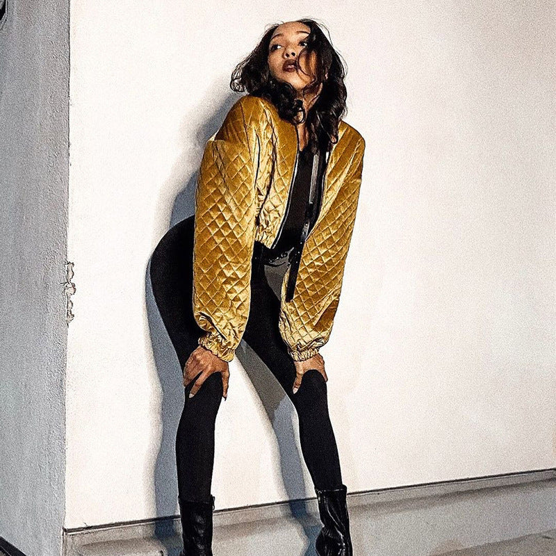 Diamond Plaid Stand Collar Zipper Short Jacket Temperament