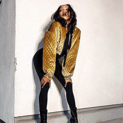 Diamond Plaid Stand Collar Zipper Short Jacket Temperament