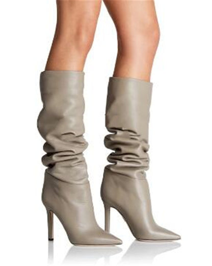 Solid Color Lychee Pattern Wedge Heel Sexy Pointed Toe Over The Knee Fashionable High-top Boots