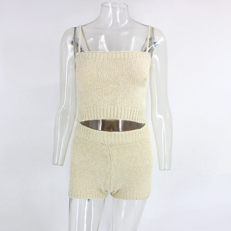 Top shorts knitted sweater solid color suit