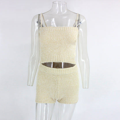 Top shorts knitted sweater solid color suit