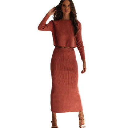 Fashion knitting split 3 color sweater dress long skirt
