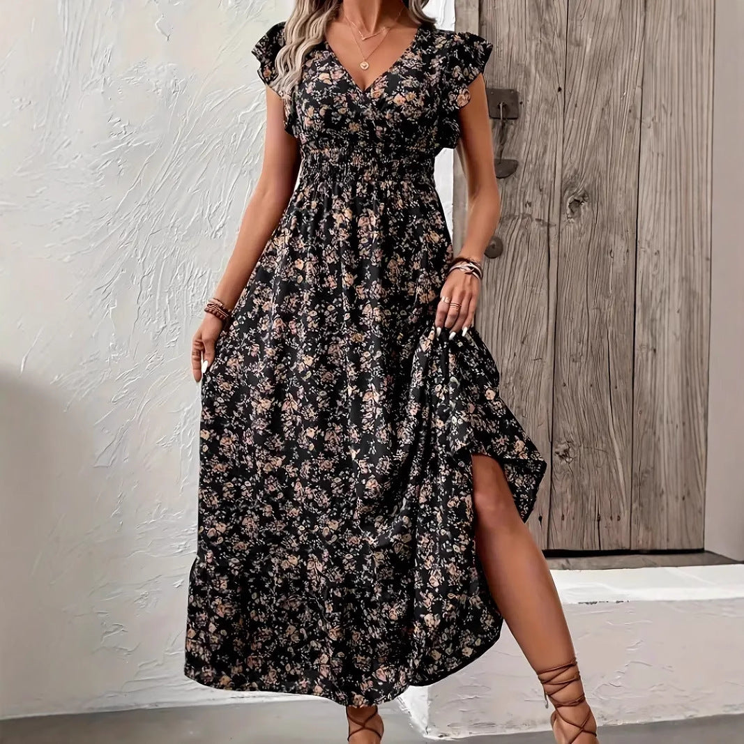 Fashion Floral Long Sleeve Waist Swing Dress