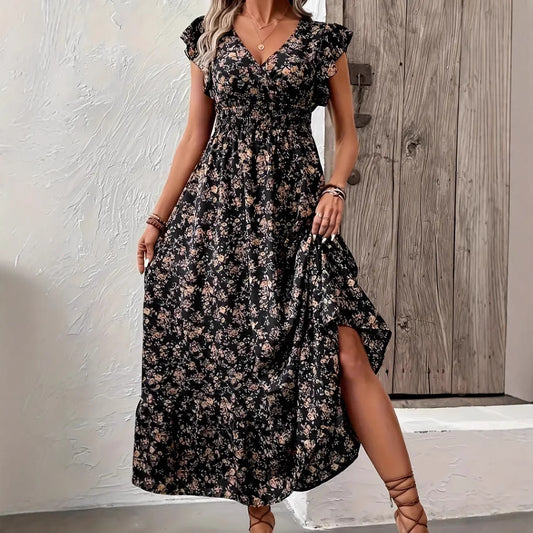 Fashion Floral Long Sleeve Waist Swing Dress