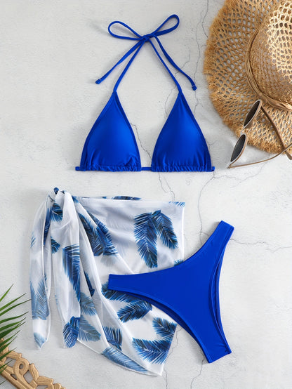Bikini Three-piece Swimsuit Solid Color Swimsuit Printed Gauze Skirt