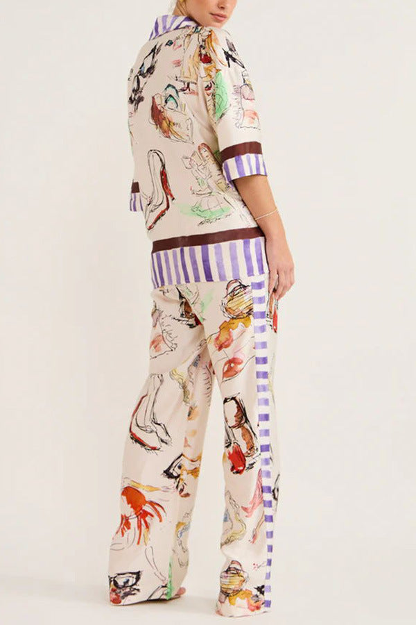 Autumn New Graffiti Printing Shirt Trousers Fashion Street Suit Two-piece Set For Women