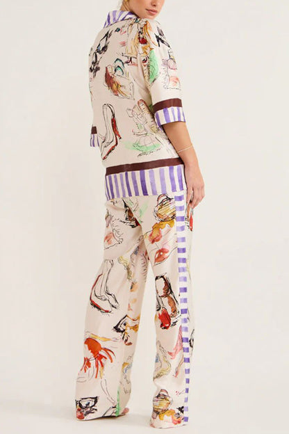 Autumn New Graffiti Printing Shirt Trousers Fashion Street Suit Two-piece Set For Women