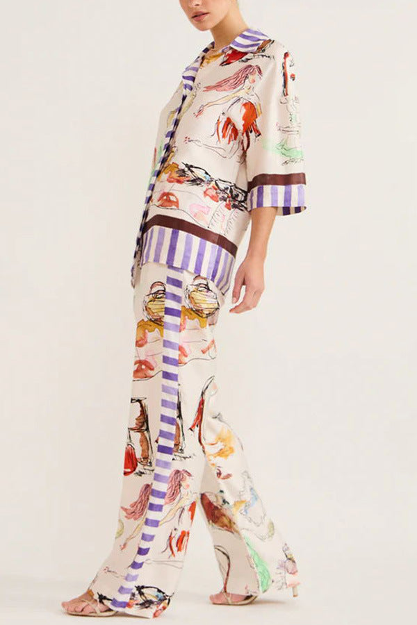 Autumn New Graffiti Printing Shirt Trousers Fashion Street Suit Two-piece Set For Women