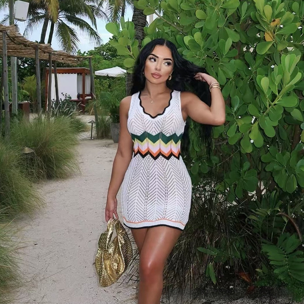 Rainbow Knitted Dress Mid-length Hollow Vest