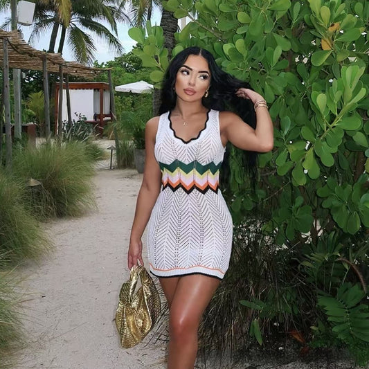 Rainbow Knitted Dress Mid-length Hollow Vest