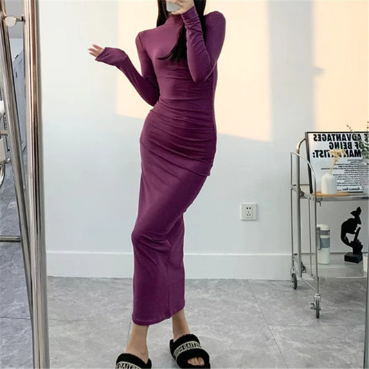 Women's Fashion Pure Color Half Collar Slim-fit Long-sleeved Dress