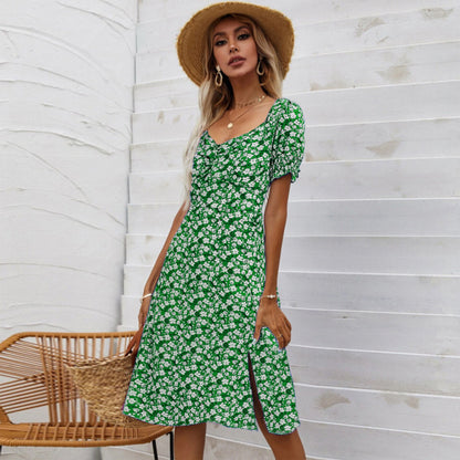 Women's Slit Square Collar Petal Sleeve Dress