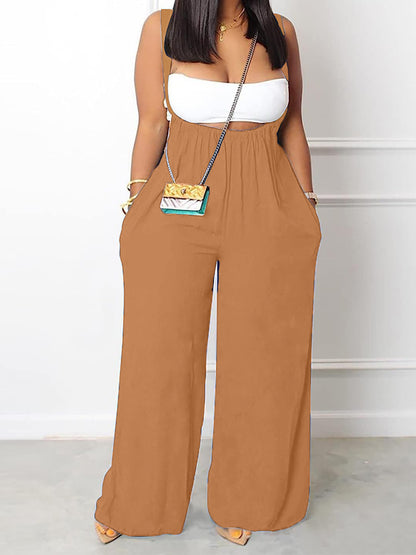 Plus Size Solid Color Pocket Overalls Casual Women's Pants
