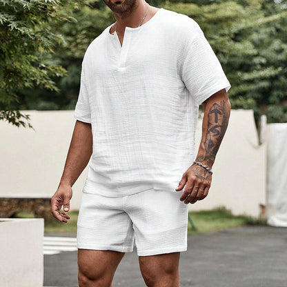 Summer Loose Casual Solid Color And V-neck Short Sleeve Shirt Shorts Suit
