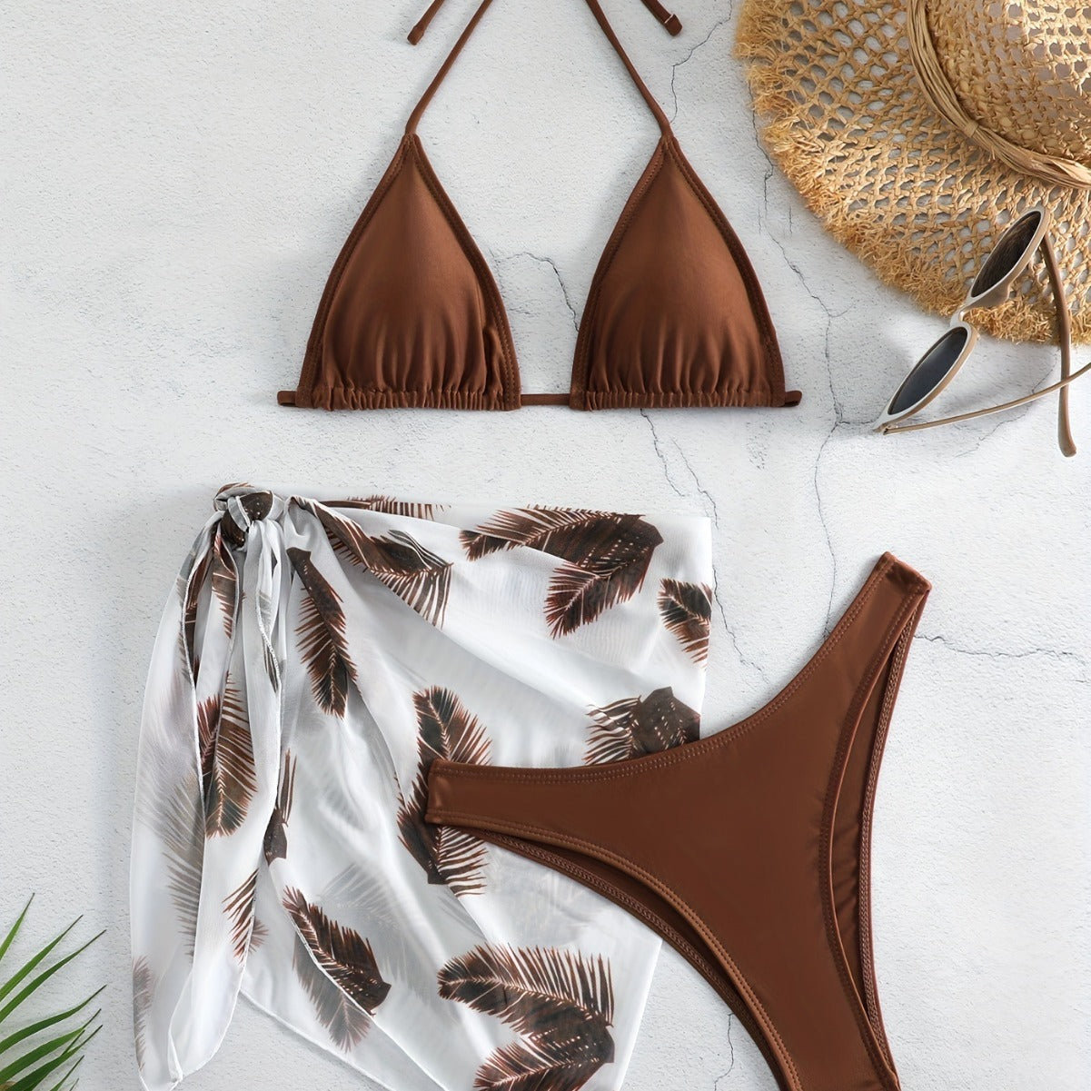 Bikini Three-piece Swimsuit Solid Color Swimsuit Printed Gauze Skirt