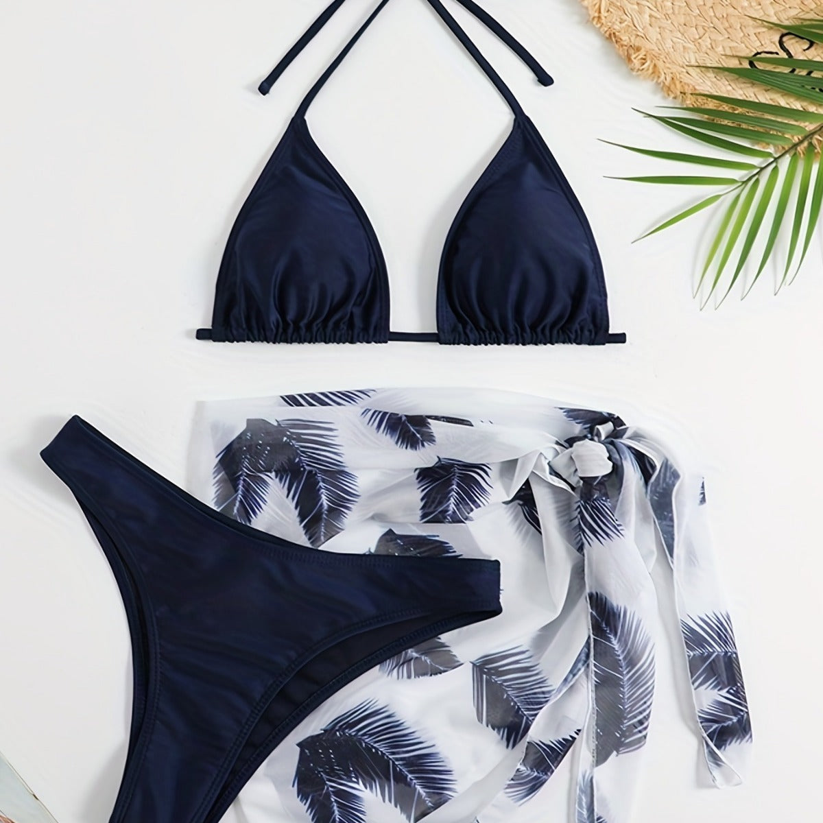 Bikini Three-piece Swimsuit Solid Color Swimsuit Printed Gauze Skirt