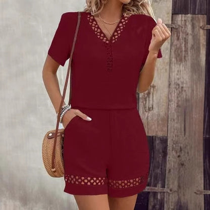 V-neck Stitching Short Sleeve Solid Color Shorts Suit Women