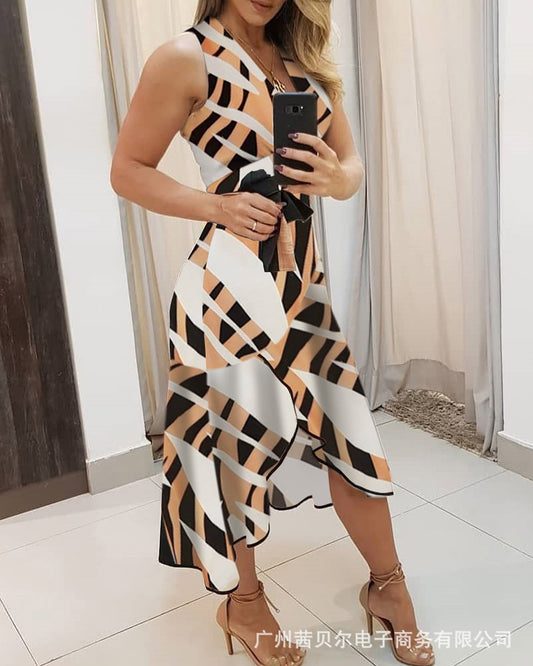 Sleeveless irregular waist color matching dress