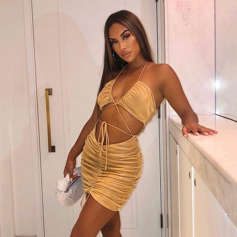 Autumn Bright Silk Dress Sexy Hot Girl Halter Halter