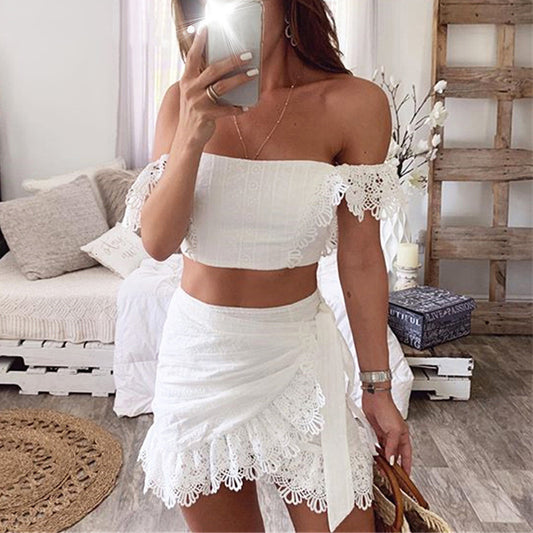 Lace word off shoulder suit