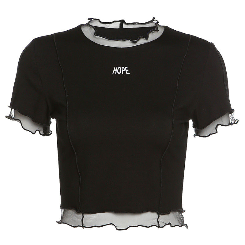 Fashion Letter Print Round Neck Wooden Ears Navel Exposed T Shirt Women