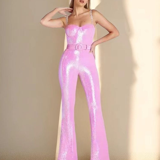 High-grade Sleeveless Belt Sequined Suspender Women's Jumpsuit Summer