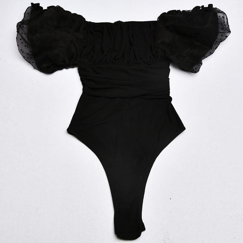 Mesh cutout princess sleeve slim bodysuit
