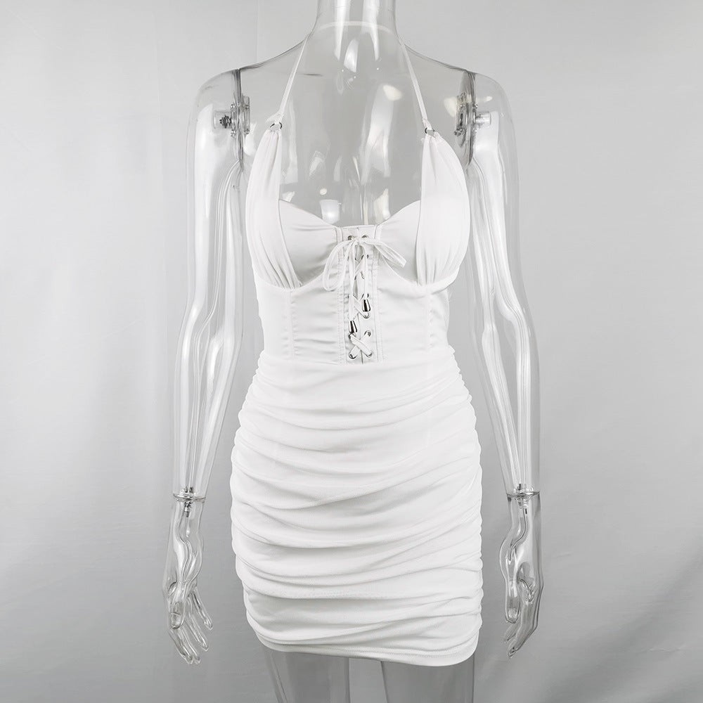 Hanging neck white mesh pleated halter dress slim sexy dress