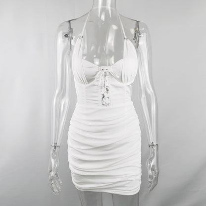 Hanging neck white mesh pleated halter dress slim sexy dress