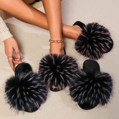 Female Casual Raccoon Fur Grass Slippers
