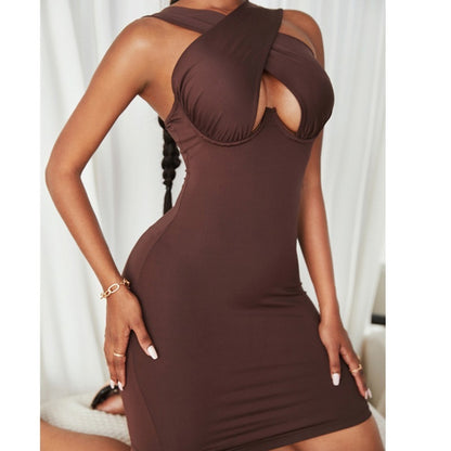 Sexy Halter Neck Steel Ring Wrapped Chest Slim Fit Hip Dress Women