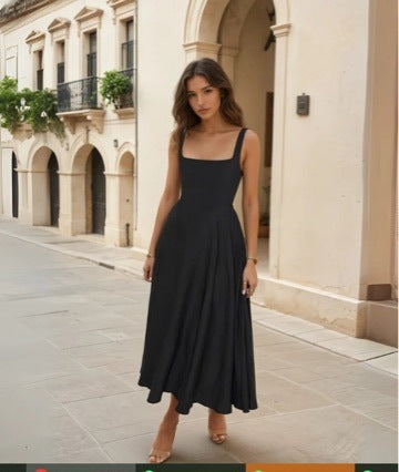 Solid Color Shoulder Strap Slim Fit Mid-length Dress