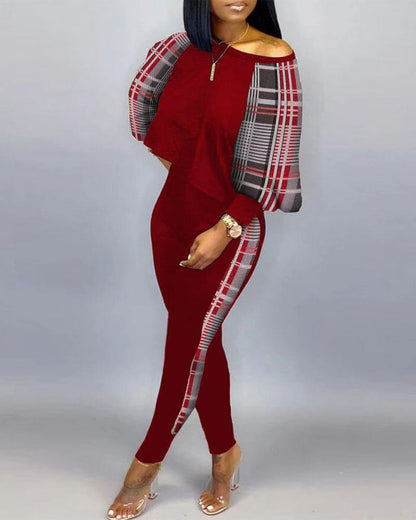Women's Long-sleeved Crew Neck Off-shoulder Casual Suit