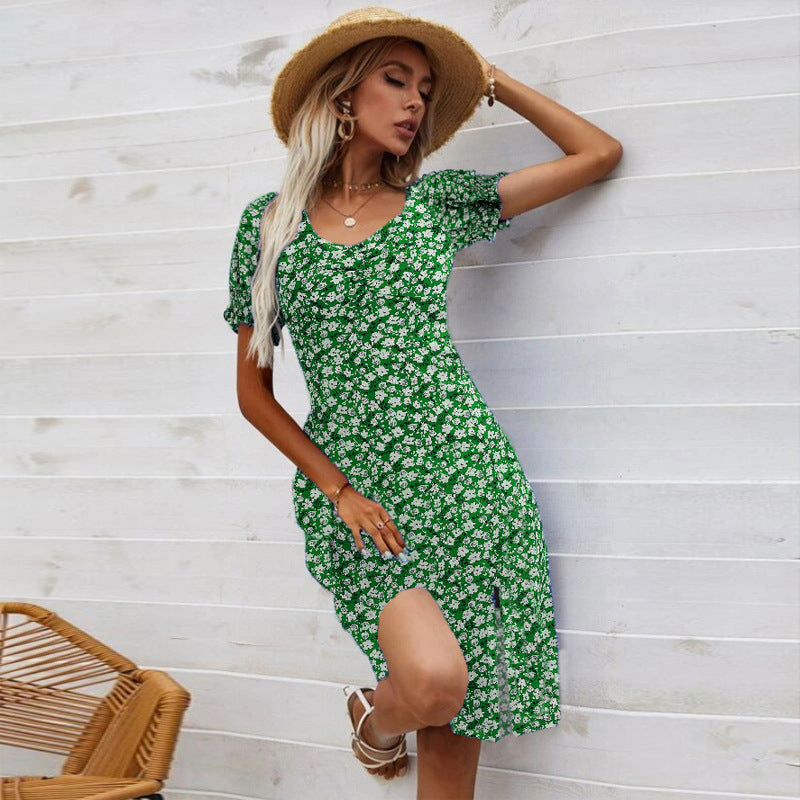 Women's Slit Square Collar Petal Sleeve Dress