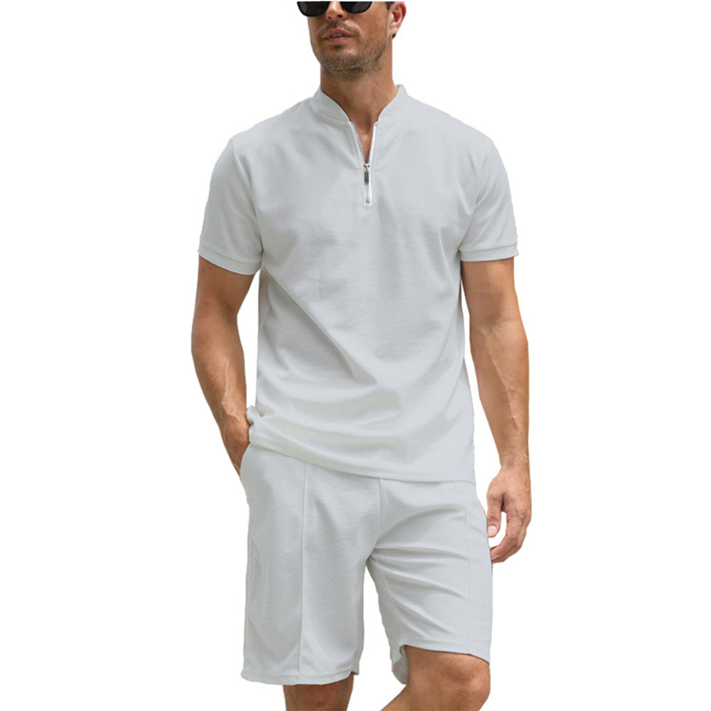 3D Simple POLO Men's Zip-up Shirt Short Sleeve Crew Neck Casual Shorts Suit