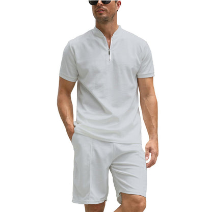 3D Simple POLO Men's Zip-up Shirt Short Sleeve Crew Neck Casual Shorts Suit