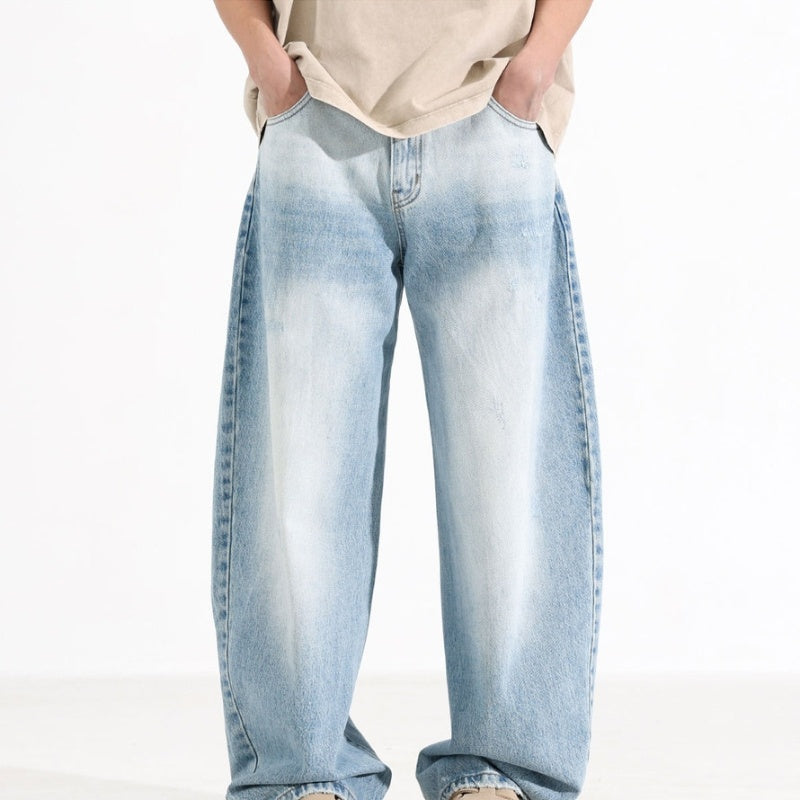 Design Washed Blue And White Machete Jeans Men's American Style