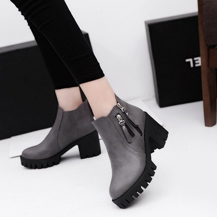 Mid-heel Chunky Heel Round Toe Temperament Side Zipper Short Boots