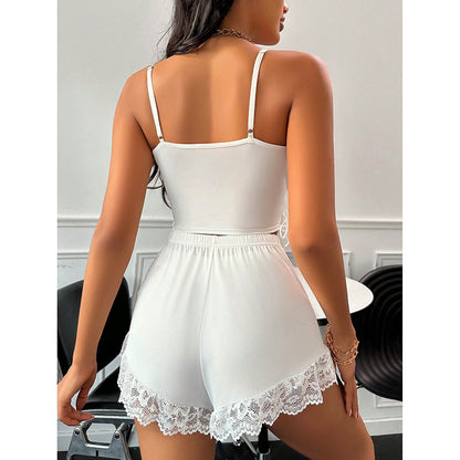 Europe And America Cross Border Ladies' Homewear Solid Color Sexy Lace Lace Spaghetti-strap Summer Sexy Sleepwear Shorts Two-piece Set