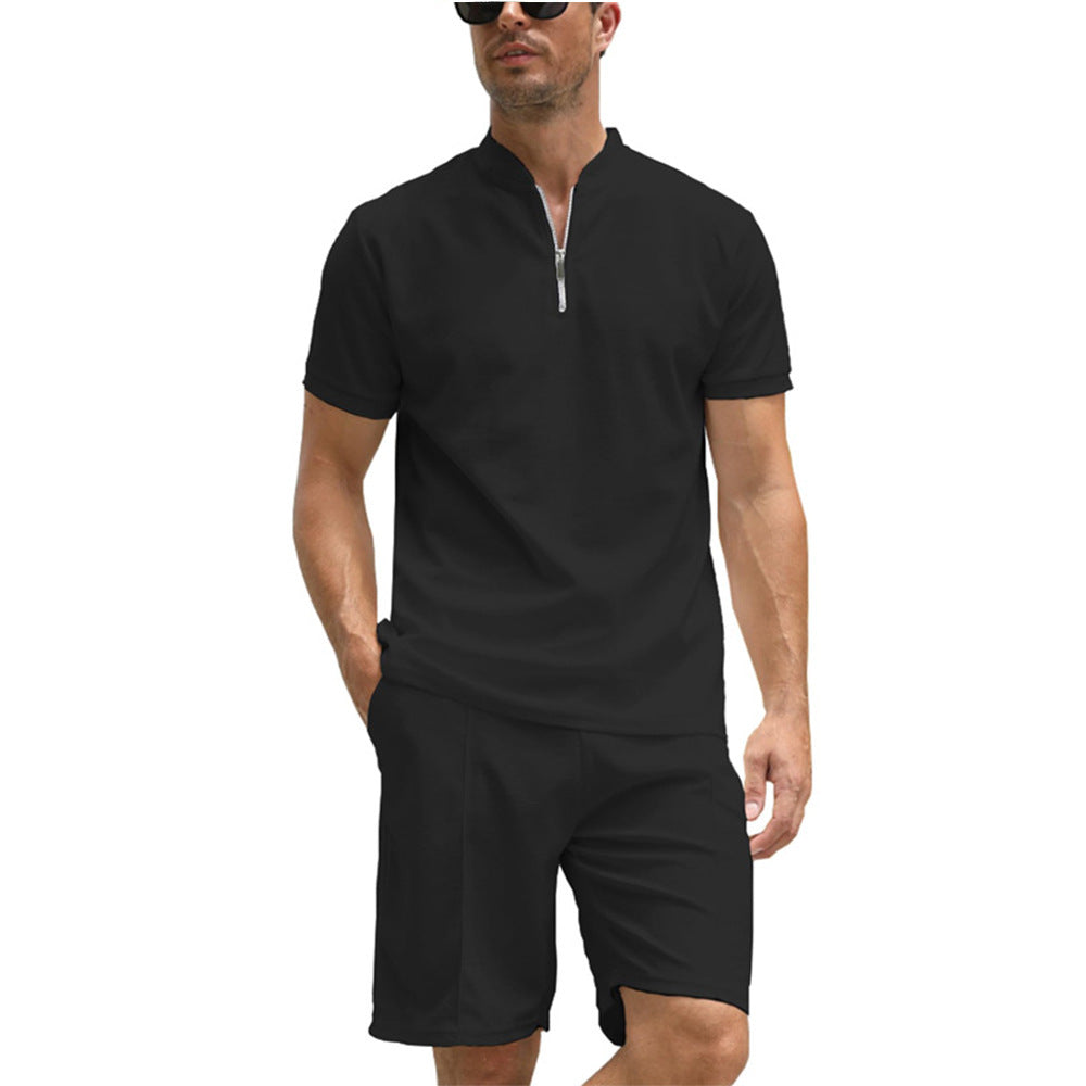 3D Simple POLO Men's Zip-up Shirt Short Sleeve Crew Neck Casual Shorts Suit