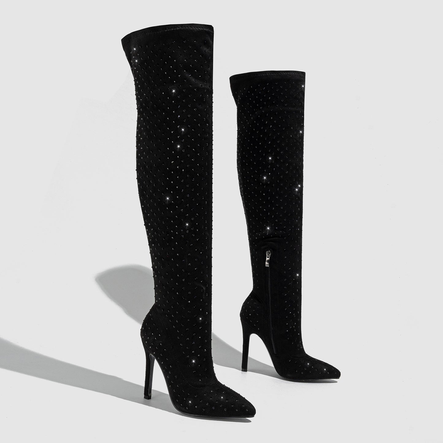 Pointed Toe Diamond Stiletto Heel Side Zipper Over-the-knee High Boots