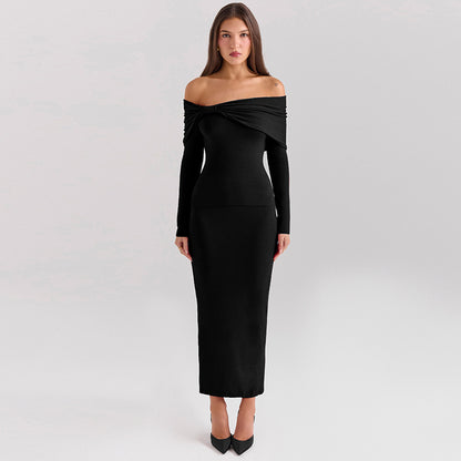 Women's Off-shoulder Collar Long Sleeve Off-shoulder Split Dress